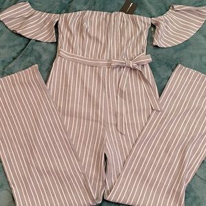 Fashion Nova Grey Off-Shoulder Striped Jumpsuit